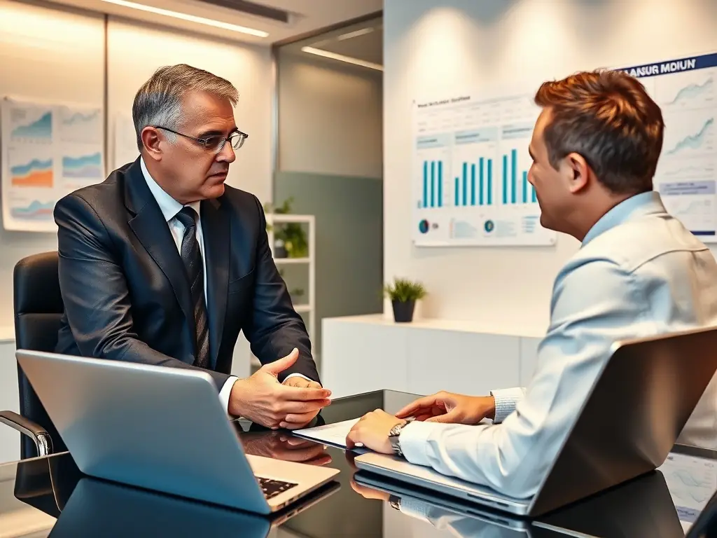 A financial advisor discussing mortgage options with a client in a modern office.