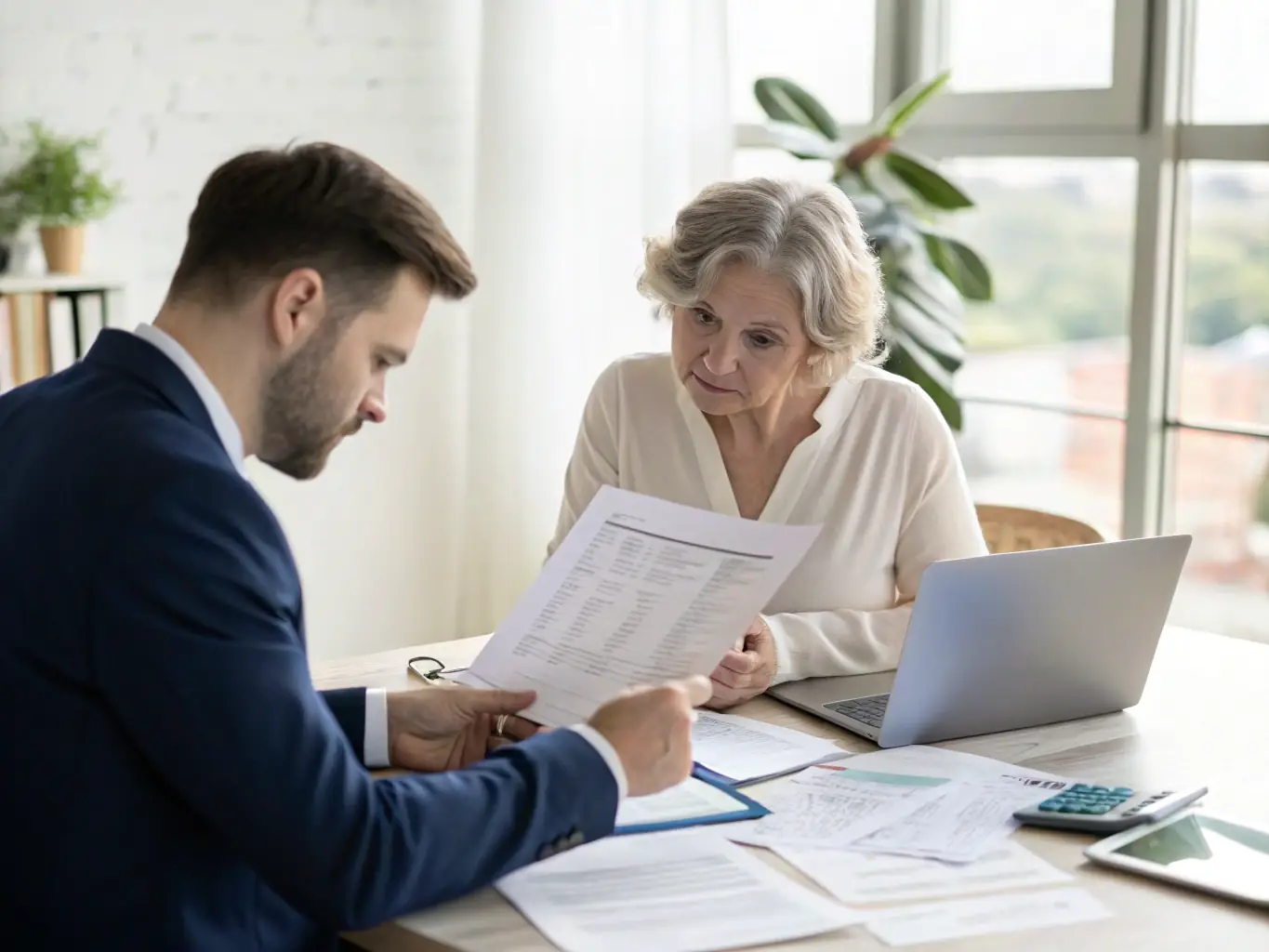 A person reviewing loan documents with a financial expert in an office.